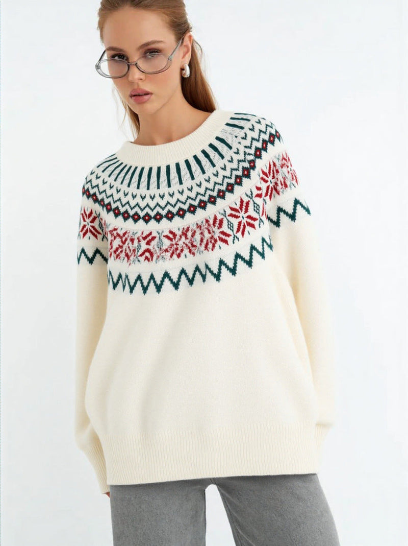 Women's Knit Sweater with Festive Norwegian Motif and Wide Cut