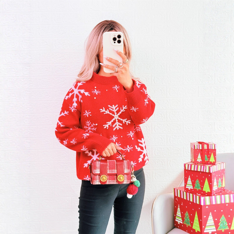 Women's Christmas Sweater with Festive Snow Pattern and High Collar R&B