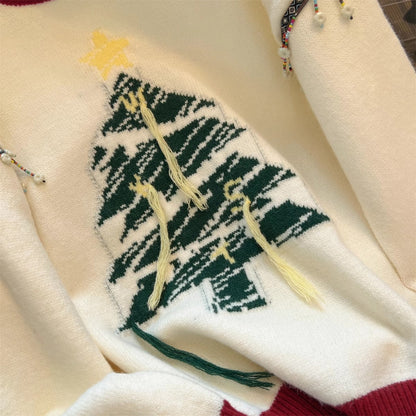 Women's Festive Knit Sweater with Fir Tree Motif and Playful Accents R&B