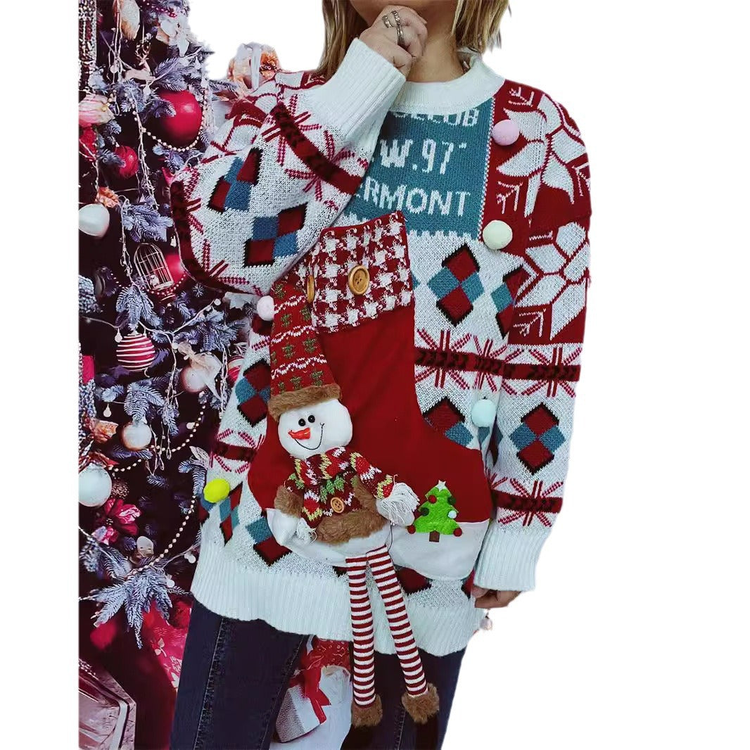 Women's Festive Sweater with Wintry Snowman Motif and Decorative Details