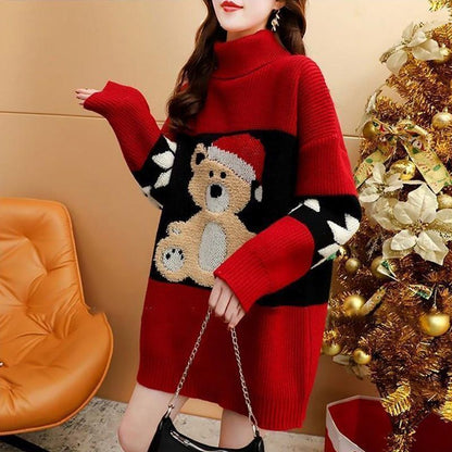 Women's Cozy Turtleneck Sweater with Festive Bear Motif