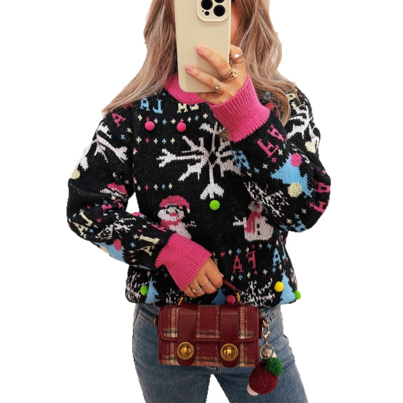 Women's Festive Sweater with Colorful Christmas Motifs and Playful Details