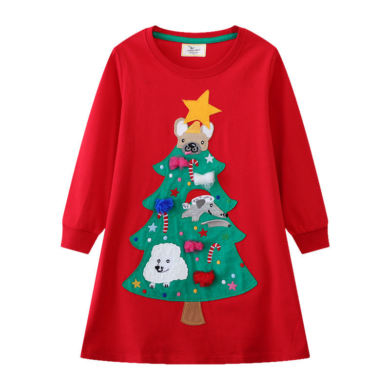 Girls' Long-Sleeve Dress with Festive Christmas Tree Motif R&B