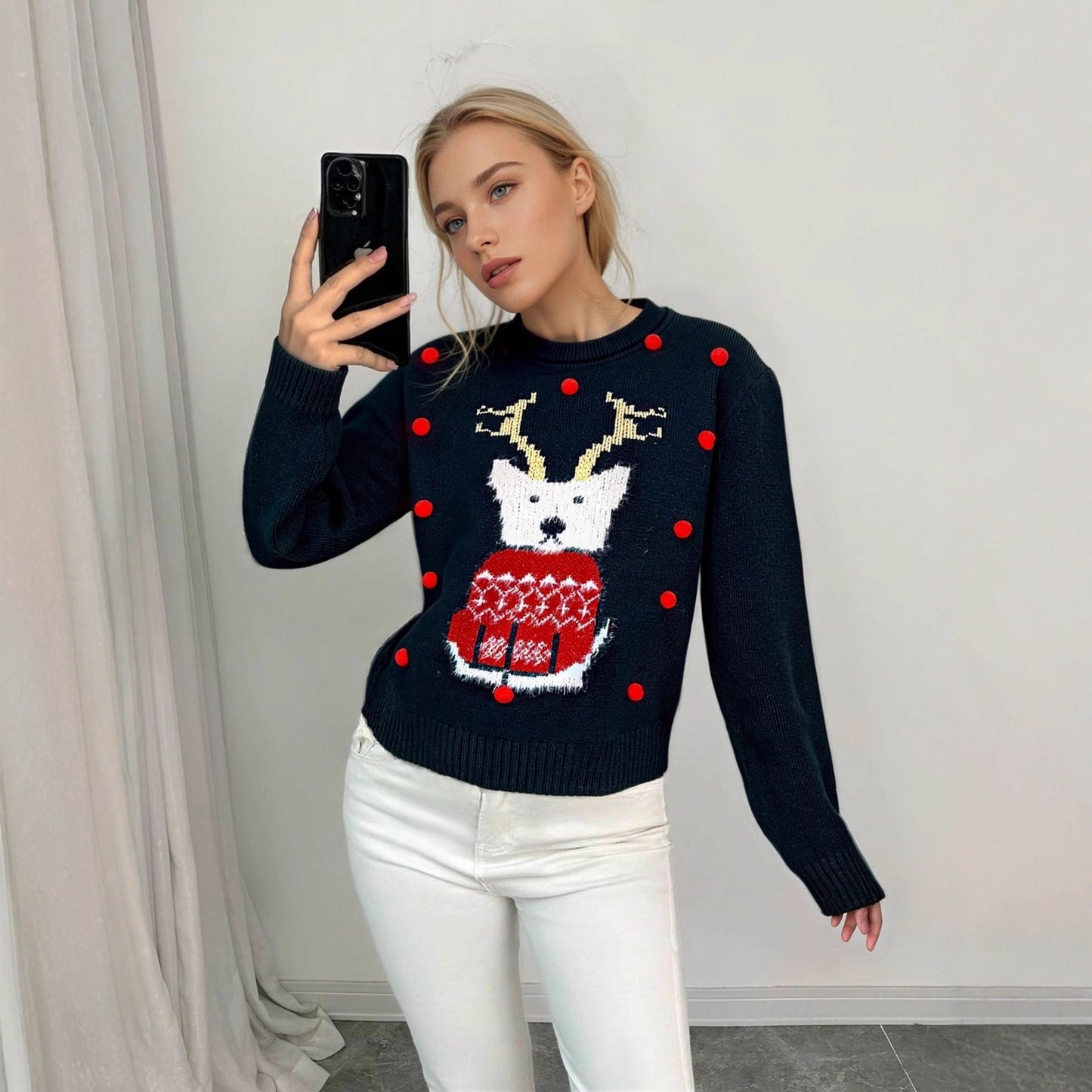 Women's Christmas Sweater with Festive Motifs and Creative 3D Details