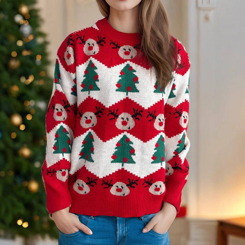 Women's Christmas Sweater with Festive Reindeer and Christmas Tree Motif R&B
