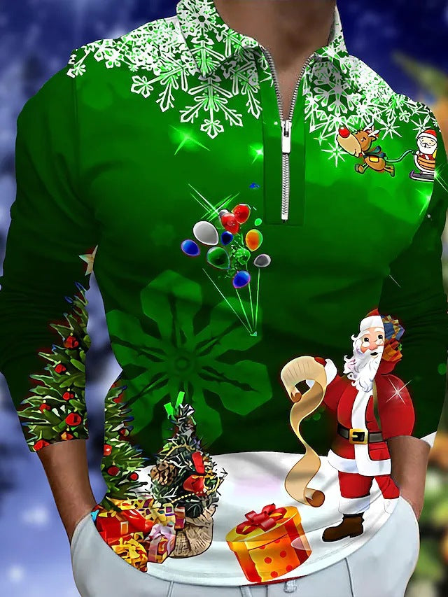 Men's Christmas Long-Sleeve Shirt with Festive Graphic Design and Practical Zipper R&B