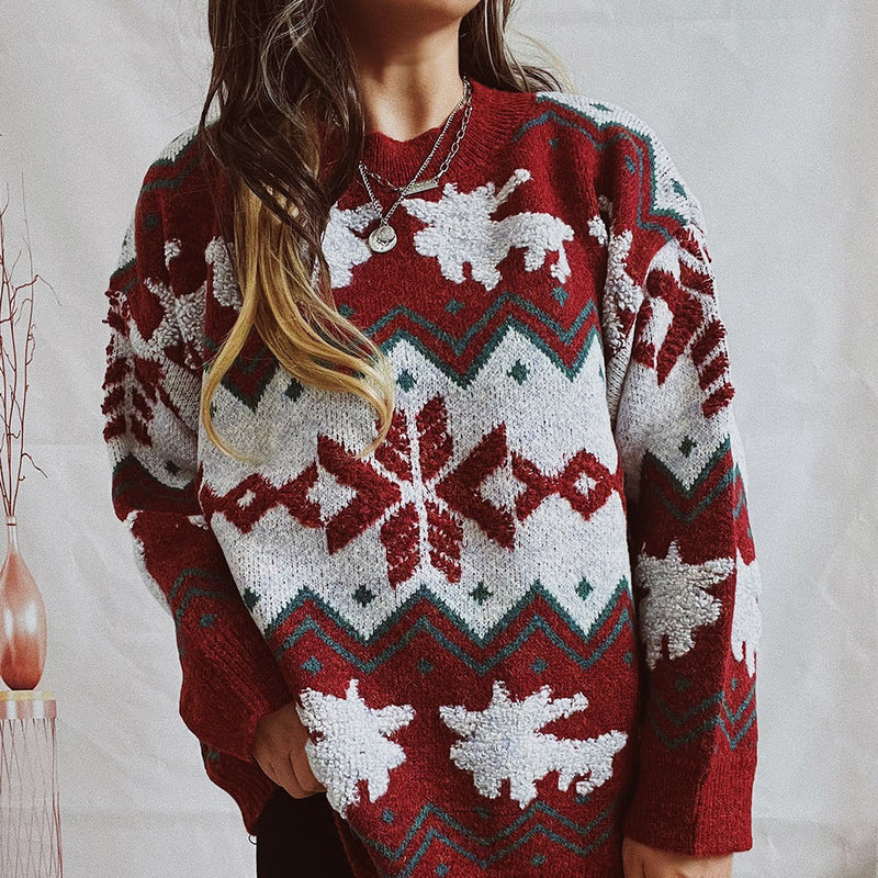 Women's Festive Knit Sweater with Christmas Design and High Collar R&B
