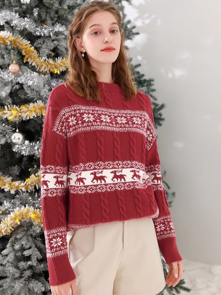 Women's Chunky Knit Sweater with Festive Pattern and High Collar
