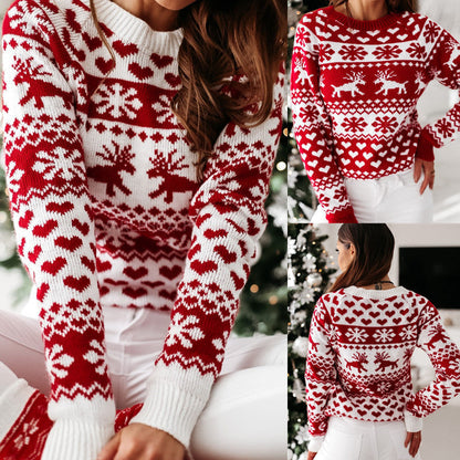 Women's Knit Sweater with Christmas Pattern and Crew Neck