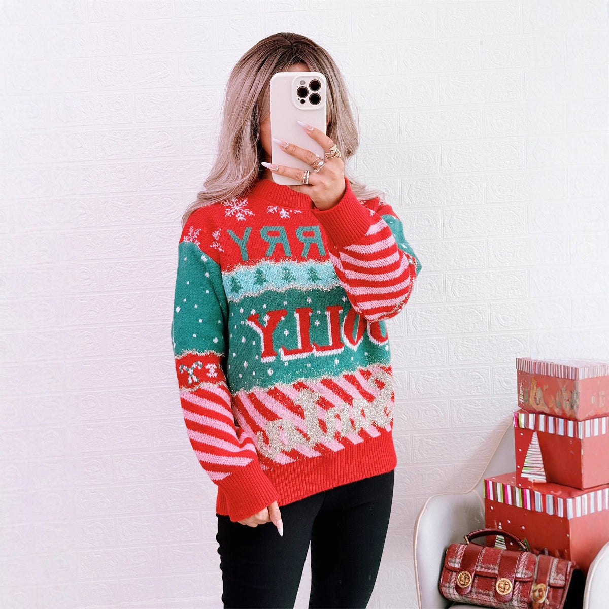 Women's Festive Knit Sweater with Creative Christmas Design