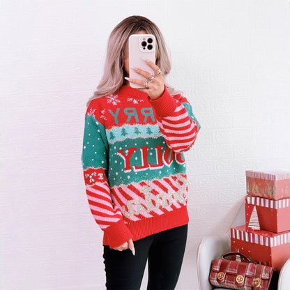 Women's Festive Knit Sweater with Creative Christmas Design