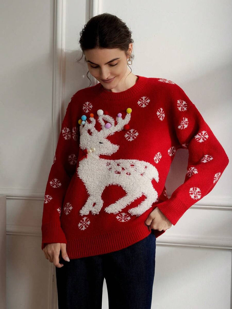 Women's Cozy Christmas Sweater with 3D Reindeer Motif and Colorful Decor