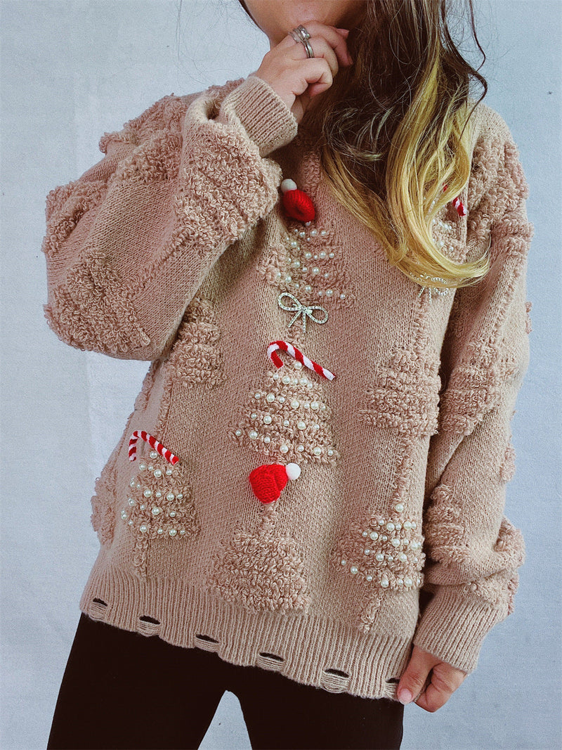 Women's Festive Sweater with Creative Christmas Motifs and Textured Design