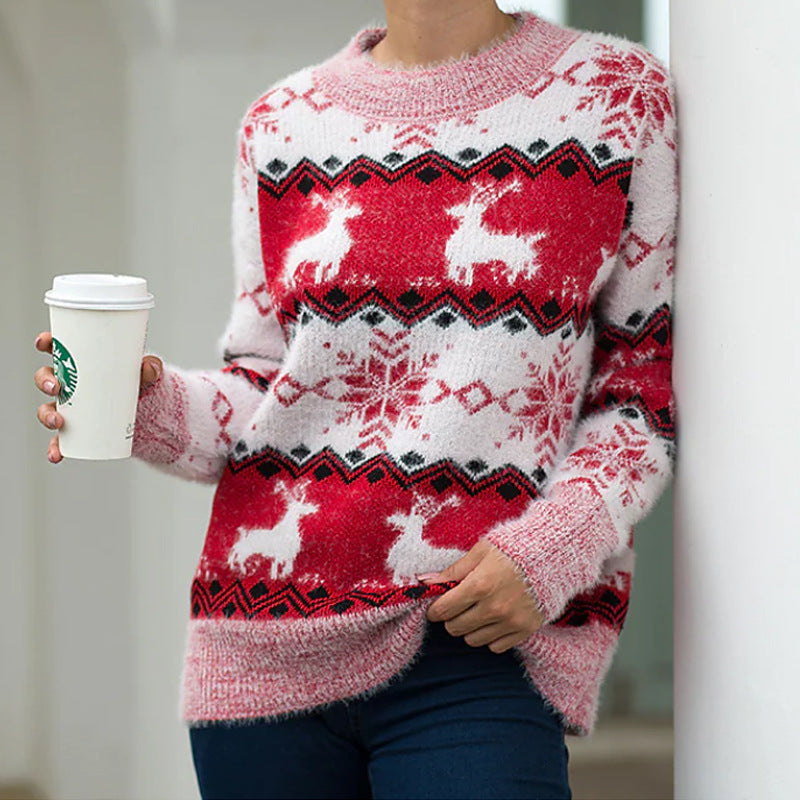 Women's Knit Sweater with Festive Reindeer and Snowflake Motif