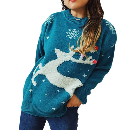 Women's Festive Sweater with Creative Reindeer Motif and Textured Knit R&B
