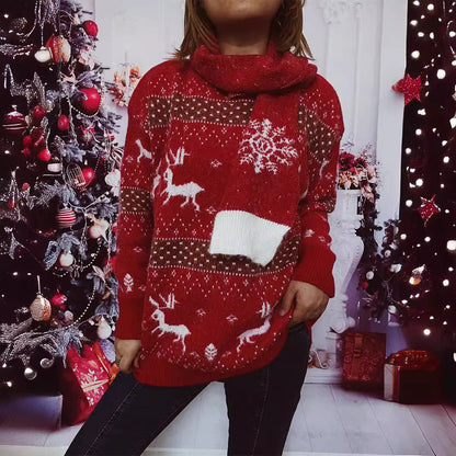 Women's Knit Sweater with Festive Reindeer Motif and High Collar