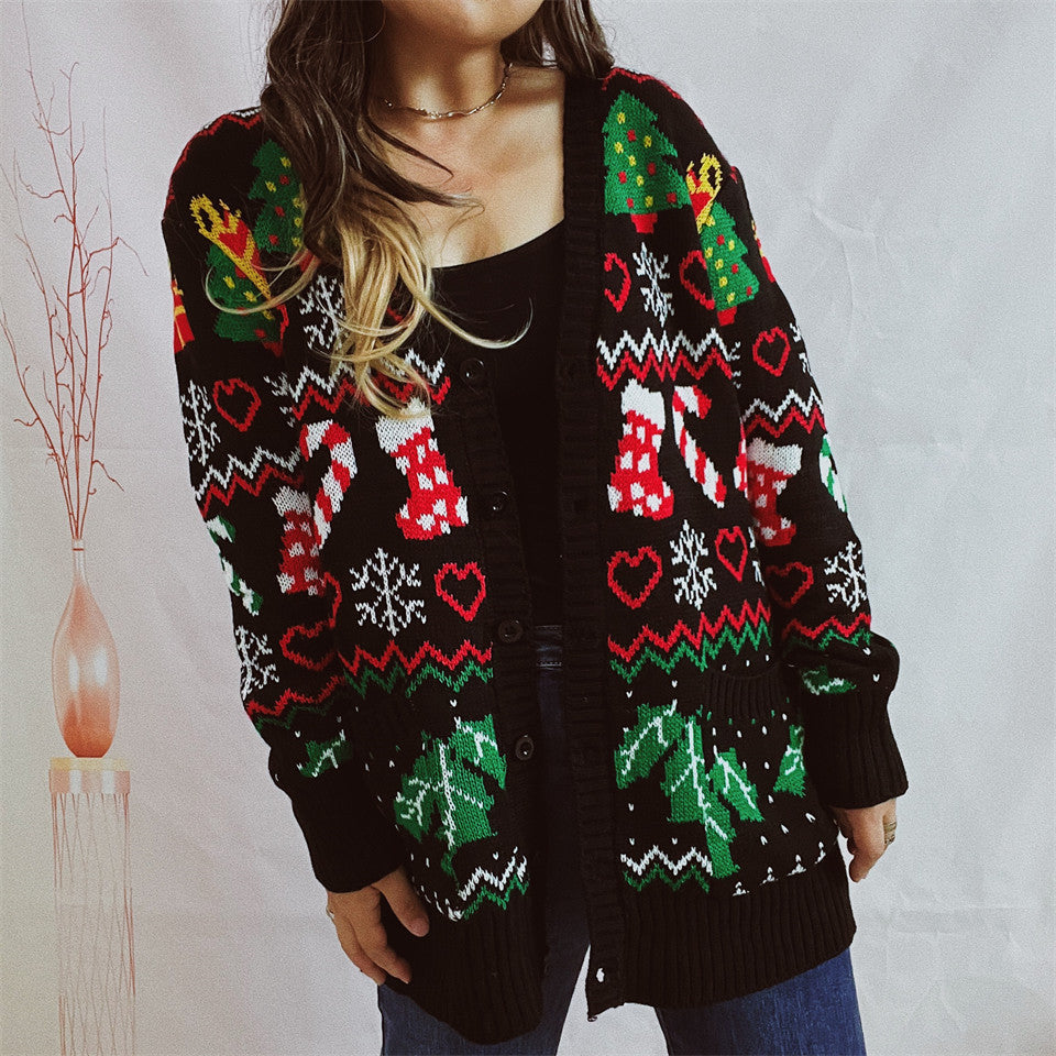 Women's Christmas Cardigan with Festive Design and Buttonable Cut R&B