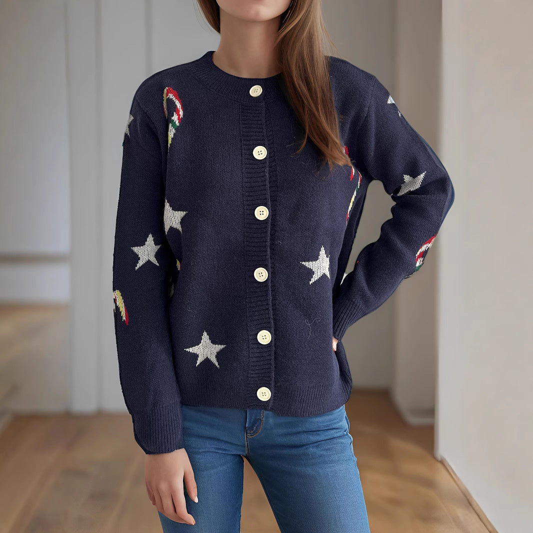Women's Cardigan with Festive Motif and Decorative Buttons R&B