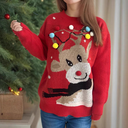 Women's Christmas Sweater with Unique Reindeer Motif and Colorful Appliqués R&B