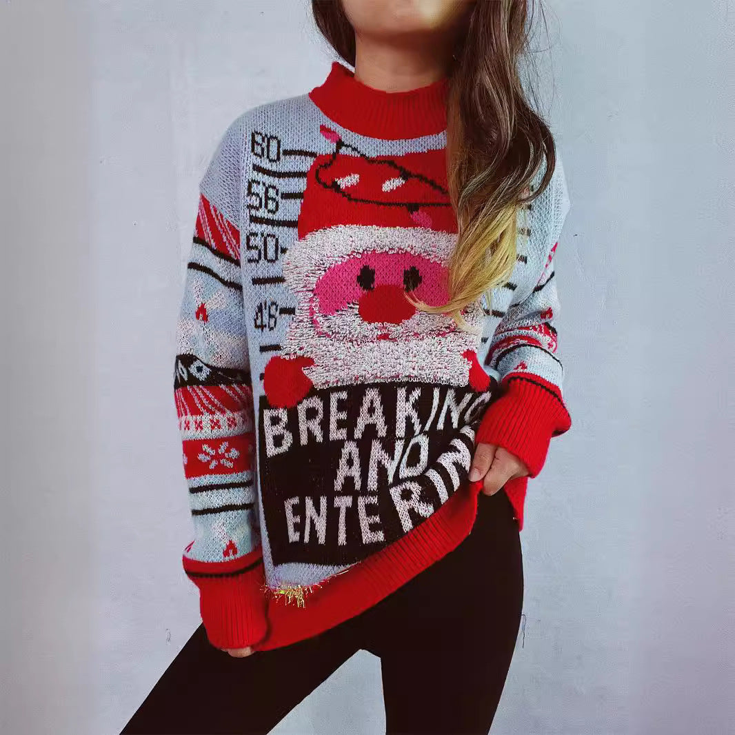 Women's Christmas Sweater with Festive Santa Motif and Shiny Accents R&B