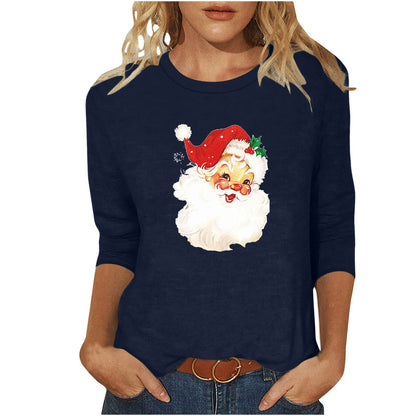 Women's Casual Sweatshirt with Nostalgic Santa Claus Print and Three-Quarter Sleeves