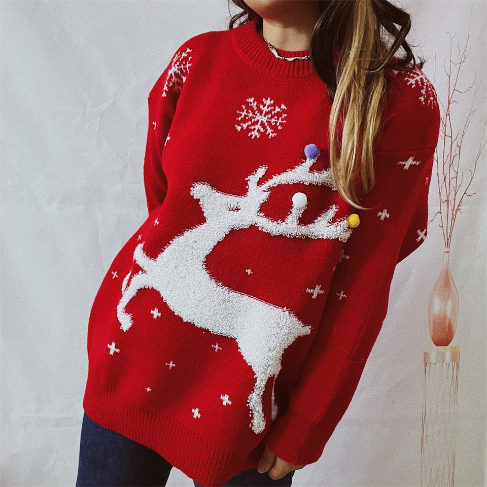 Women's Festive Sweater with Creative Reindeer Motif and Textured Knit R&B