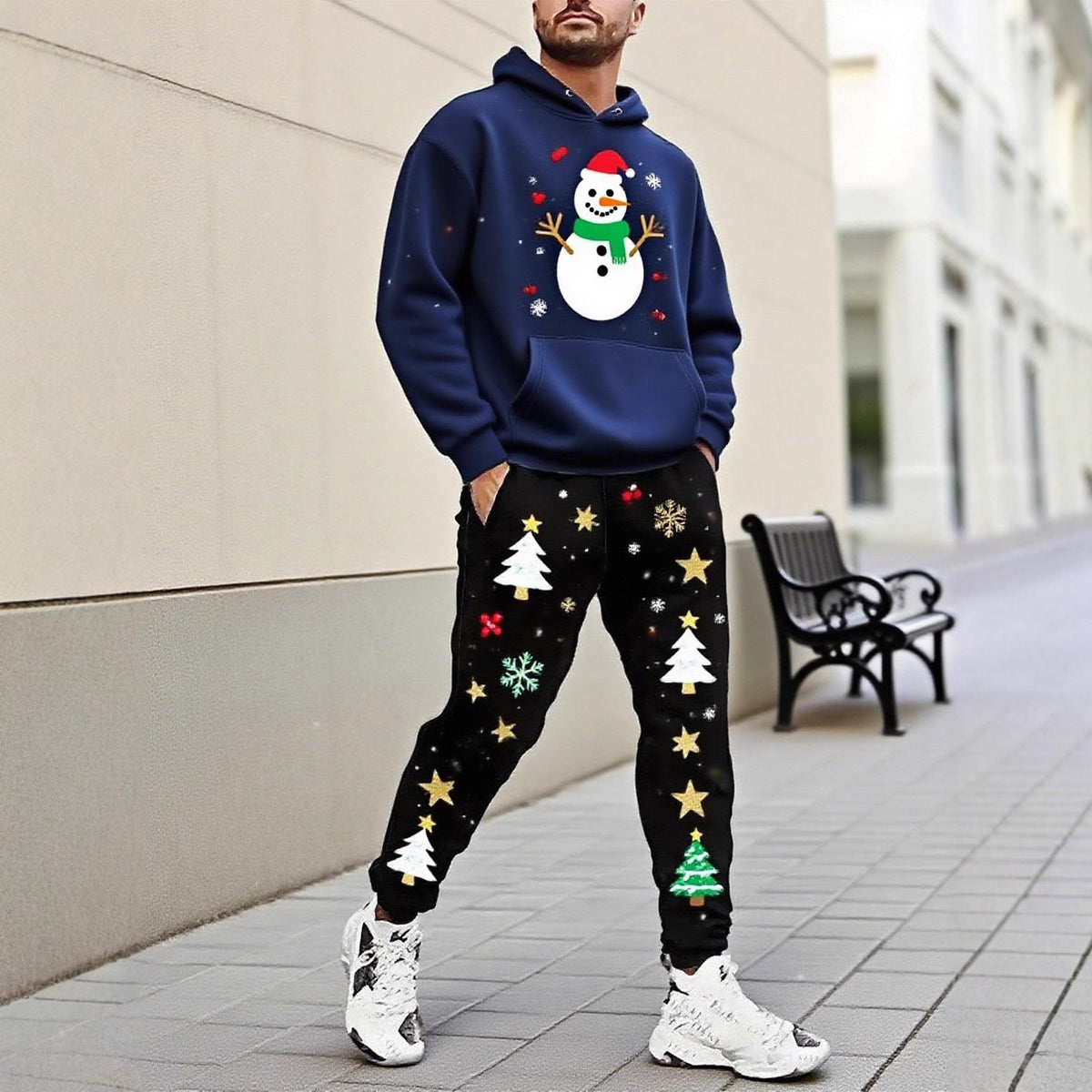 Men's Christmas-Motif Hoodie and Sweatpants Set