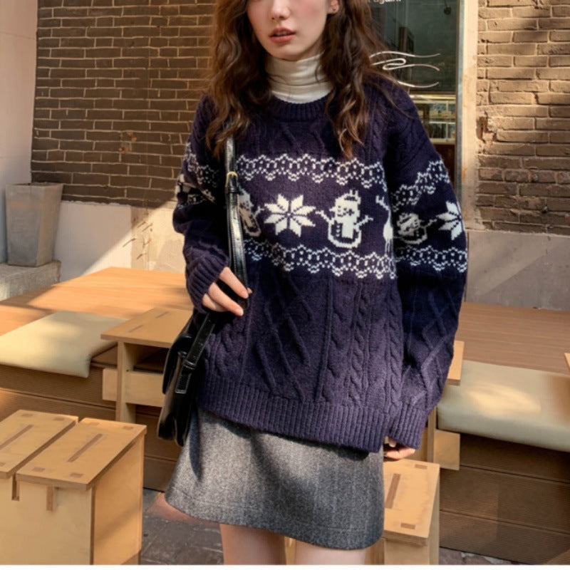 Women's Christmas Sweater with Festive Cable Pattern and Snowman Motif