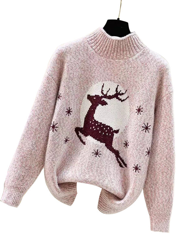 Women's Cozy Christmas Sweater with High Collar and Festive Reindeer Motif