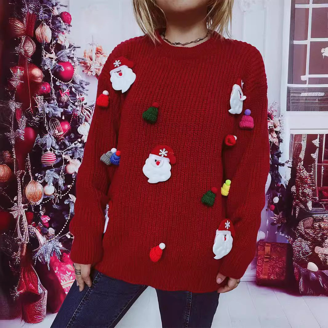 Women's Christmas Sweater with Festive Santa Motif and Textured Knit Quality R&B