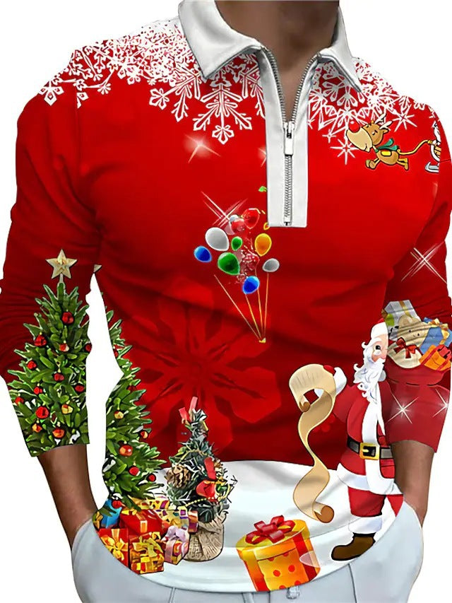 Men's Christmas Long-Sleeve Shirt with Festive Graphic Design and Practical Zipper R&B