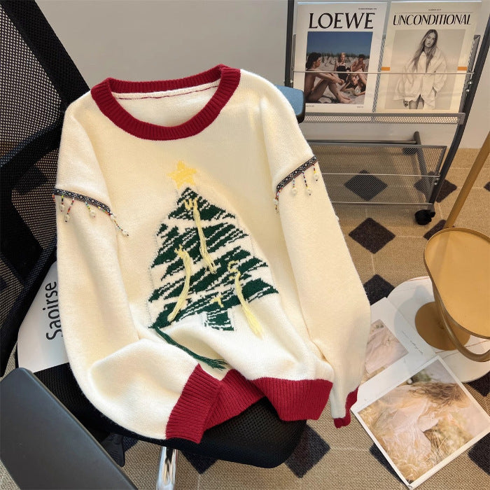 Women's Festive Knit Sweater with Fir Tree Motif and Playful Accents