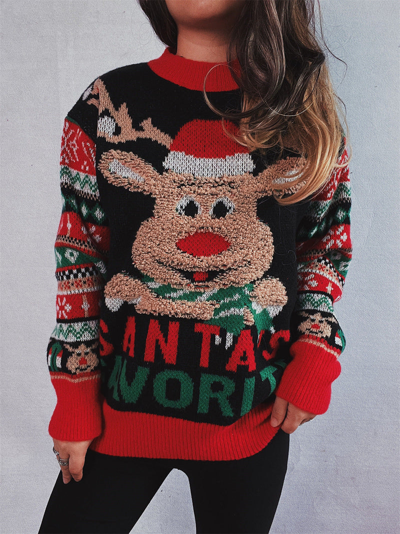 Women's Christmas Sweater with Festive Reindeer Motif and Colorful Patterns