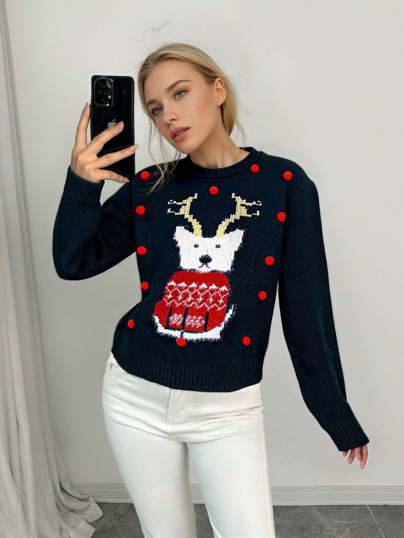 Women's Christmas Sweater with Festive Motifs and Creative 3D Details
