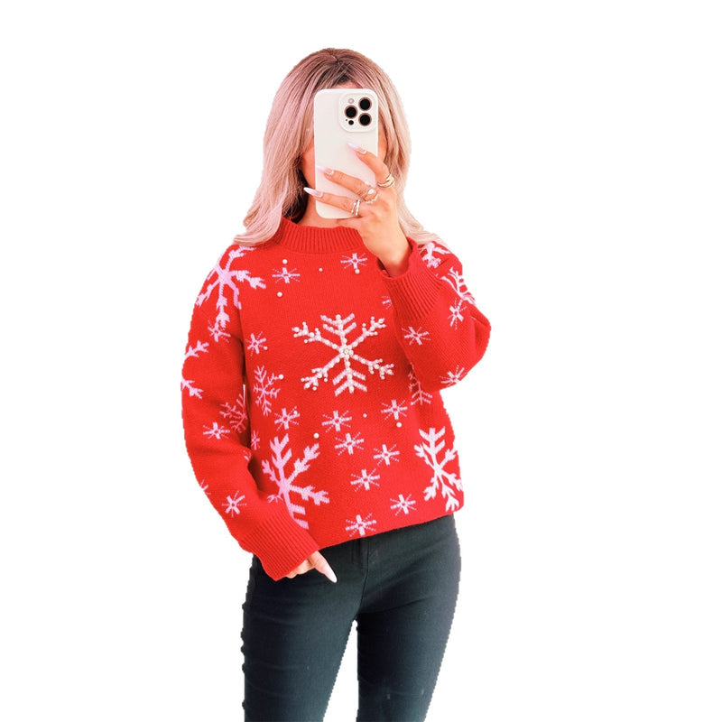 Women's Christmas Sweater with Festive Snow Pattern and High Collar