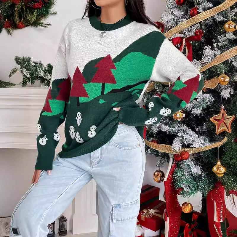 Women's Christmas Sweater with Festive Snow Motif and High Collar
