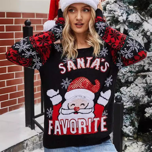 Women's Christmas Sweater with Festive Santa Motif and Shiny Details