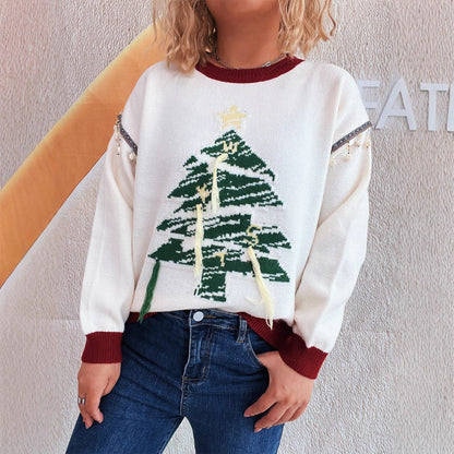 Women's Christmas Sweater with Festive Tree Motif and Elegant Details