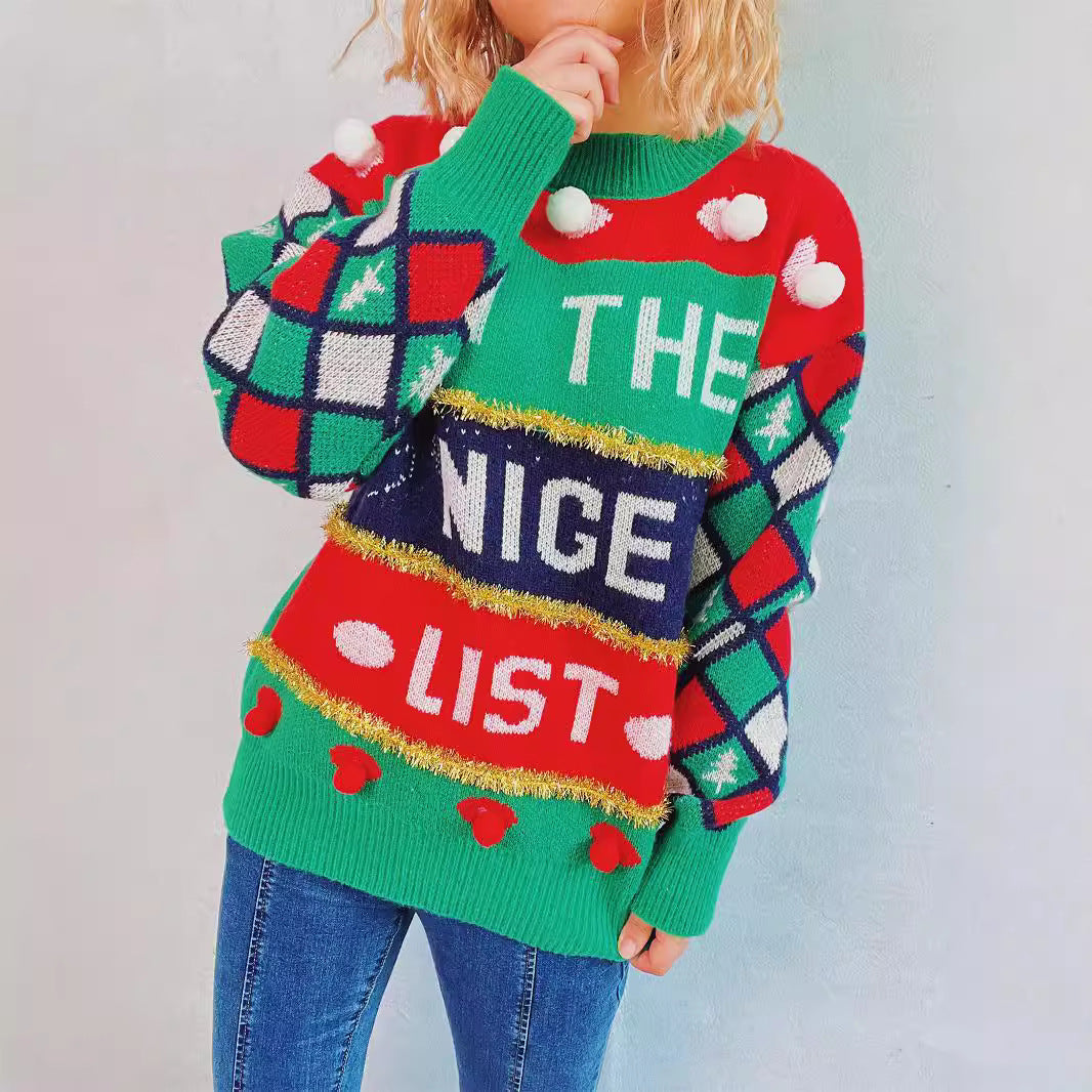 Women's Festive Sweater with Christmas Design and Playful Details