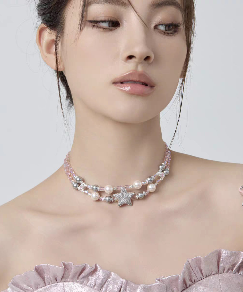 Original Design Rainbow Alloy Zircon Pearl Pentagram Double-layer Princess Necklace