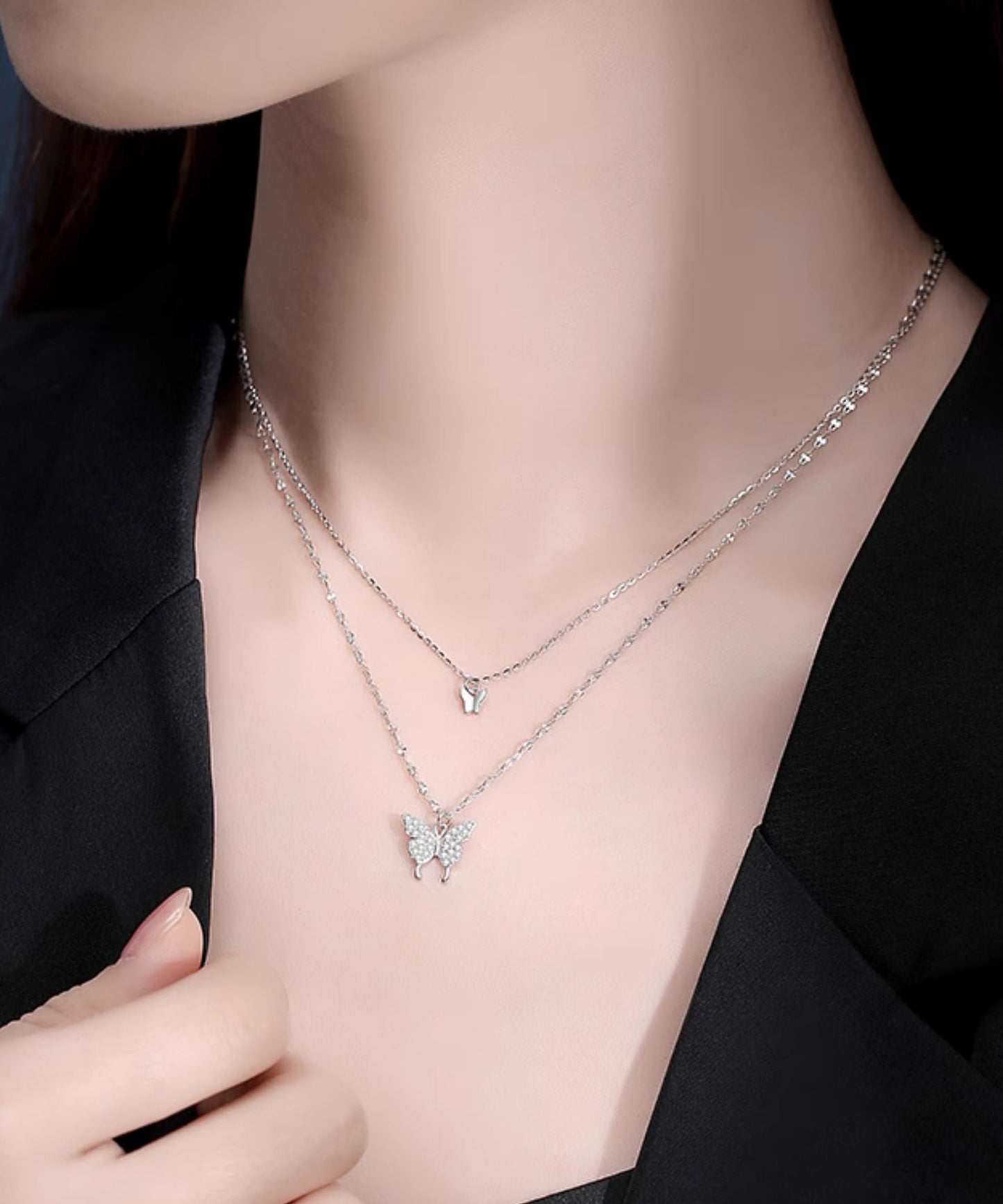 Original Design Silk Sterling Silver Double Layer Butterfly Pendant Necklace Et015