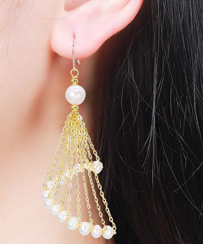 Oversize 14k Gold Pearl Tassel Drop Earrings