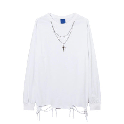Distressed White Long-sleeve Tee With Chain Cross Necklace
