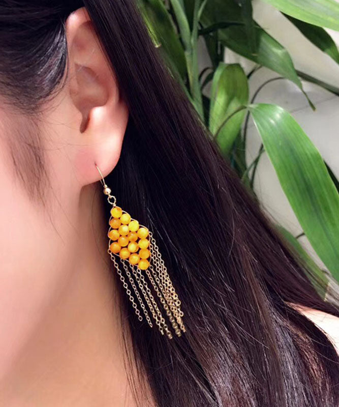 Oversize Yellow 14k Gold Amber Beeswax Tassel Drop Earrings