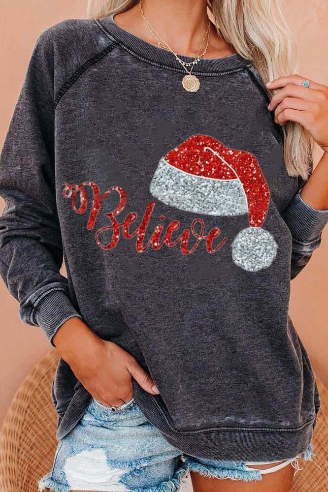 Gray Sweatshirt Women's Festive Christmas Print