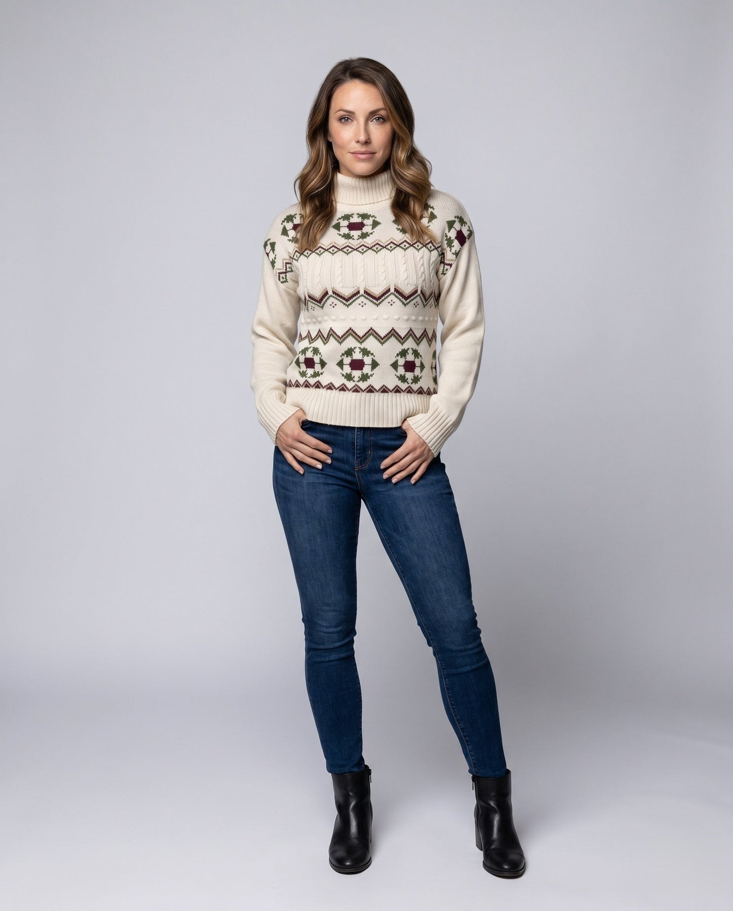 Women's Cozy Knit Sweater with Festive Pattern and High Collar