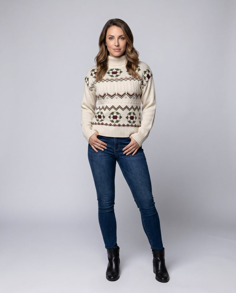 Women's Cozy Knit Sweater with Festive Pattern and High Collar