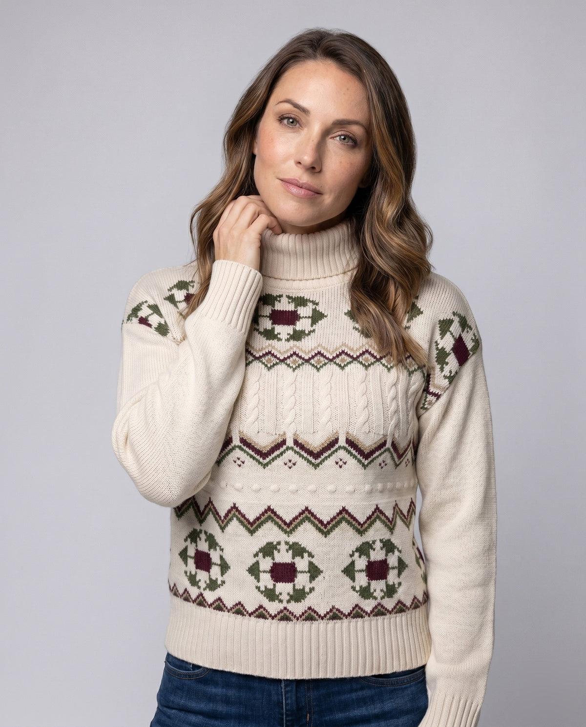 Women's Cozy Knit Sweater with Festive Pattern and High Collar