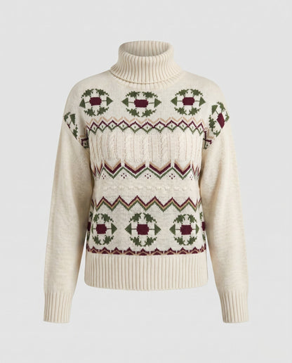 Women's Cozy Knit Sweater with Festive Pattern and High Collar
