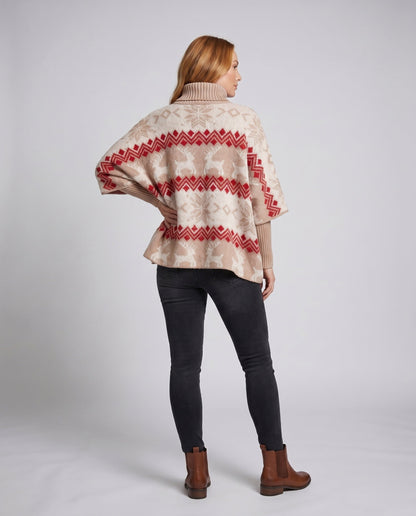 Women's Cozy Knit Sweater with High Stand-Up Collar and Festive Motif R&B